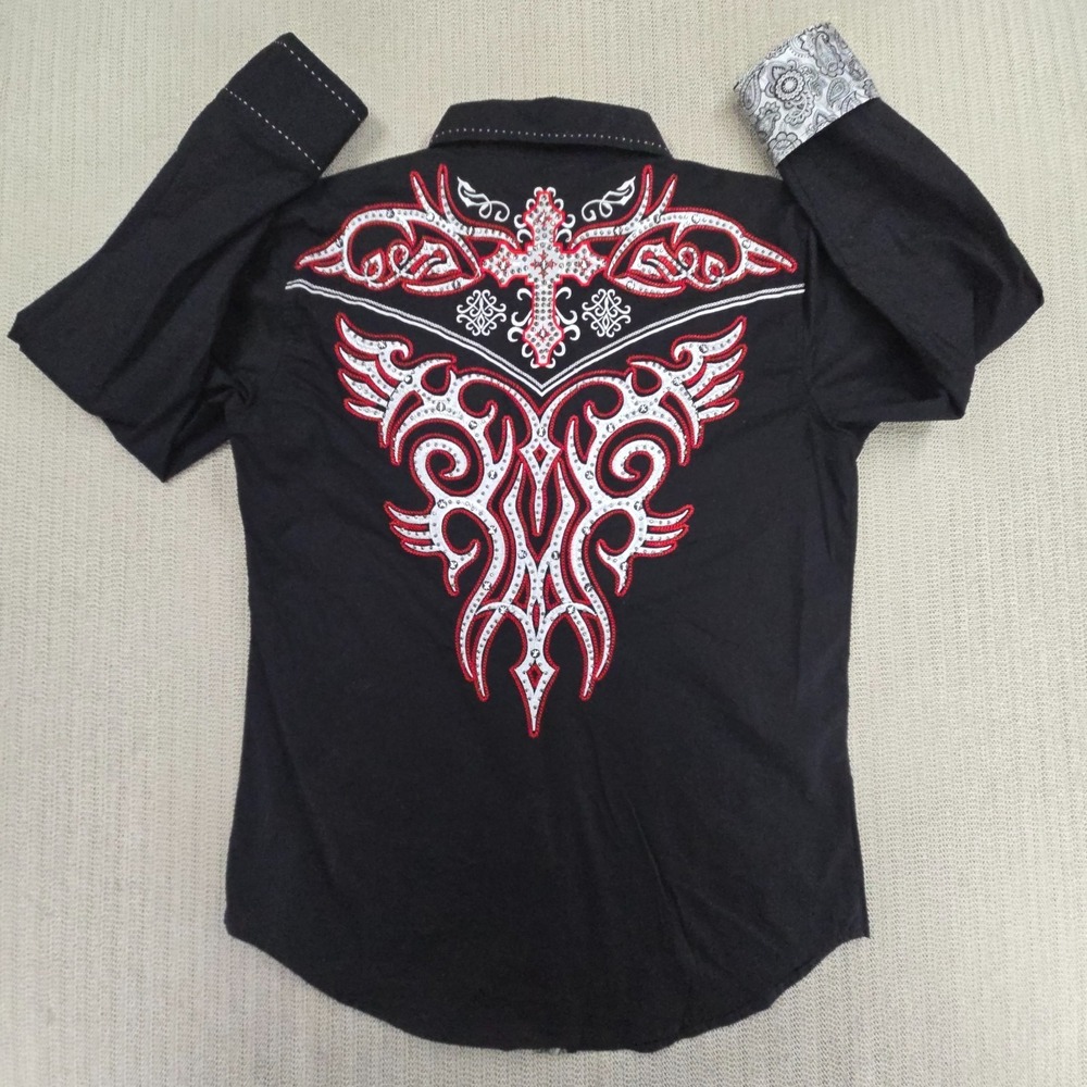 Victorious Shirt Mens Medium Black Goth Rock Long Sleeve Embroidered‎